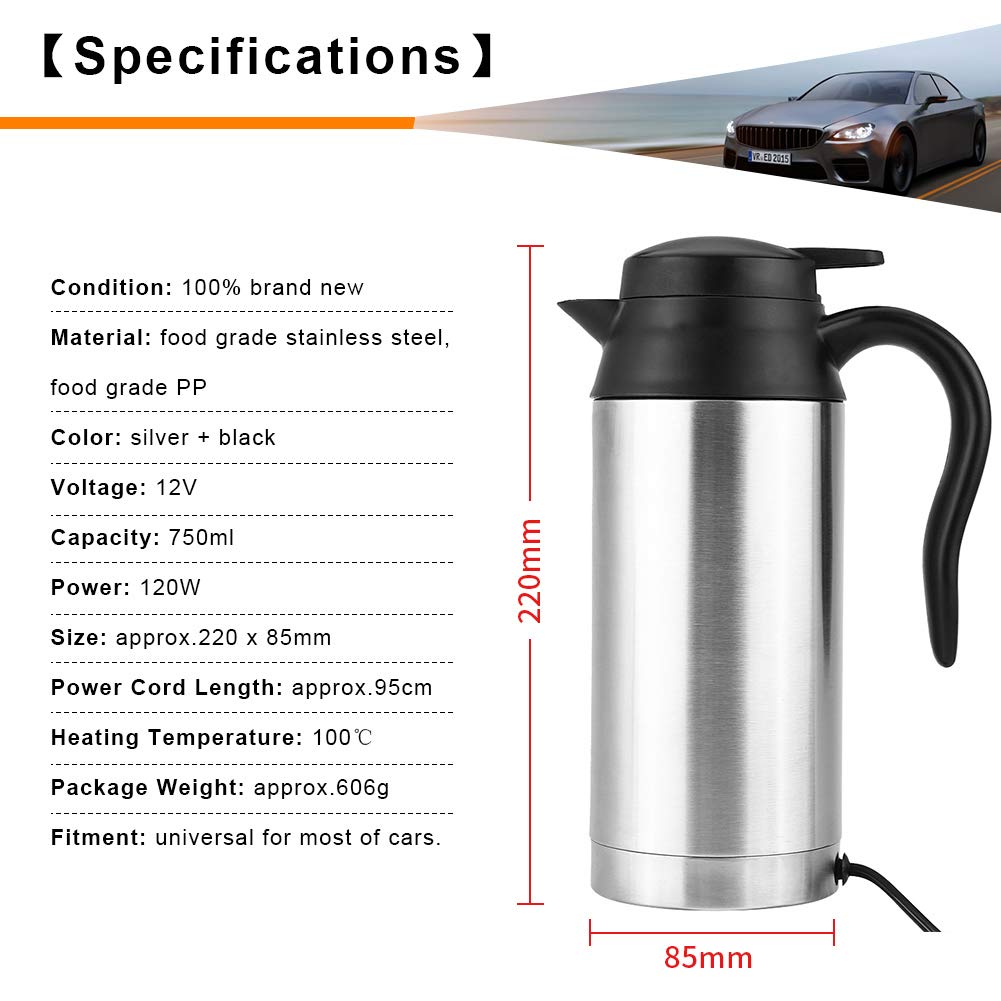 Hervidor Eléctrico de Acero Inoxidable para Coche Portátil con Termómetro 12 V 750 ML para Viaje