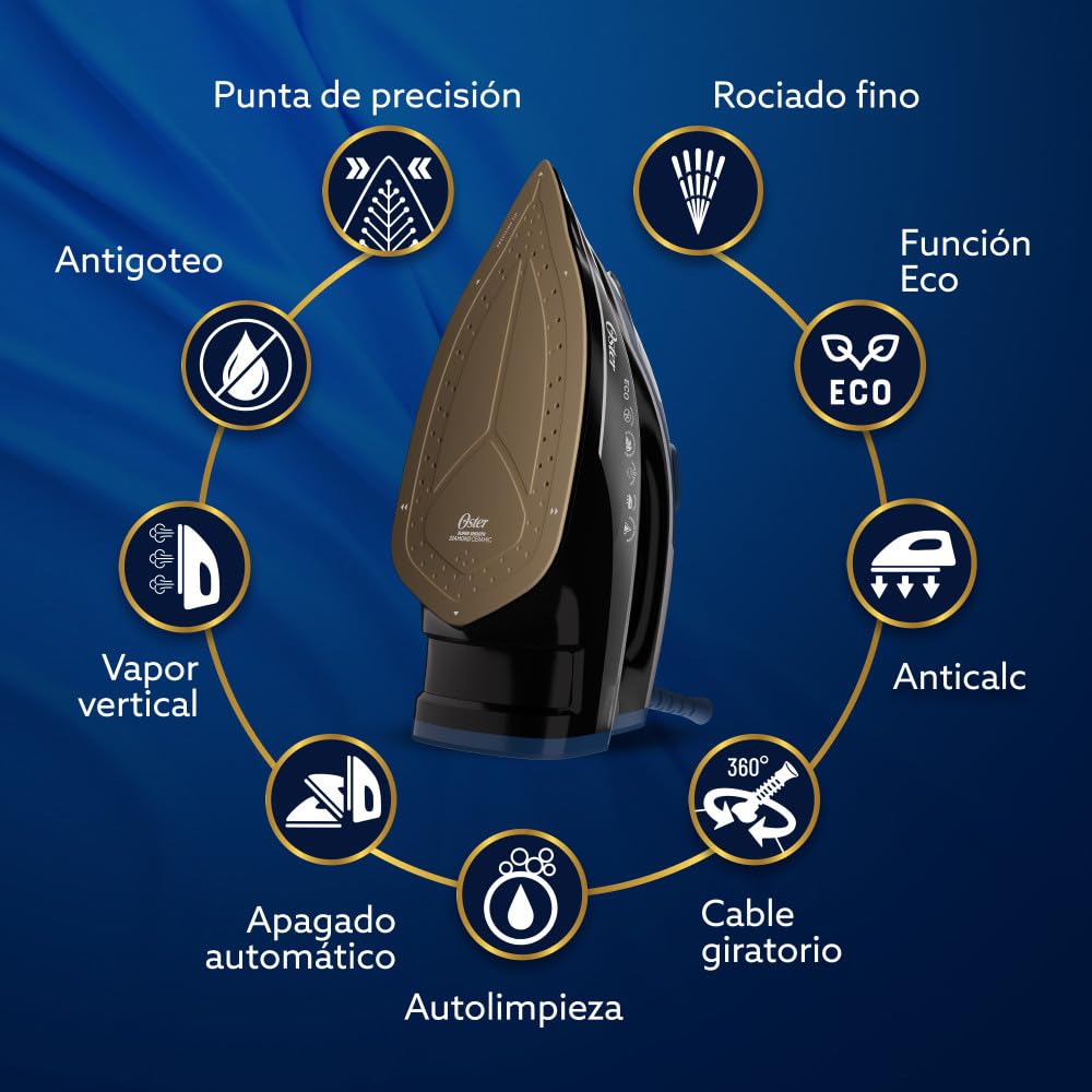 Oster Plancha de Vapor, Diamond Steam Max S8200, Digital, Golpe de Vapor 220 g/min, Suela XL Cerámica con Diamante, Vapor Vertical, Antigoteo, Azul Oscuro, GCSTDPD8201-013