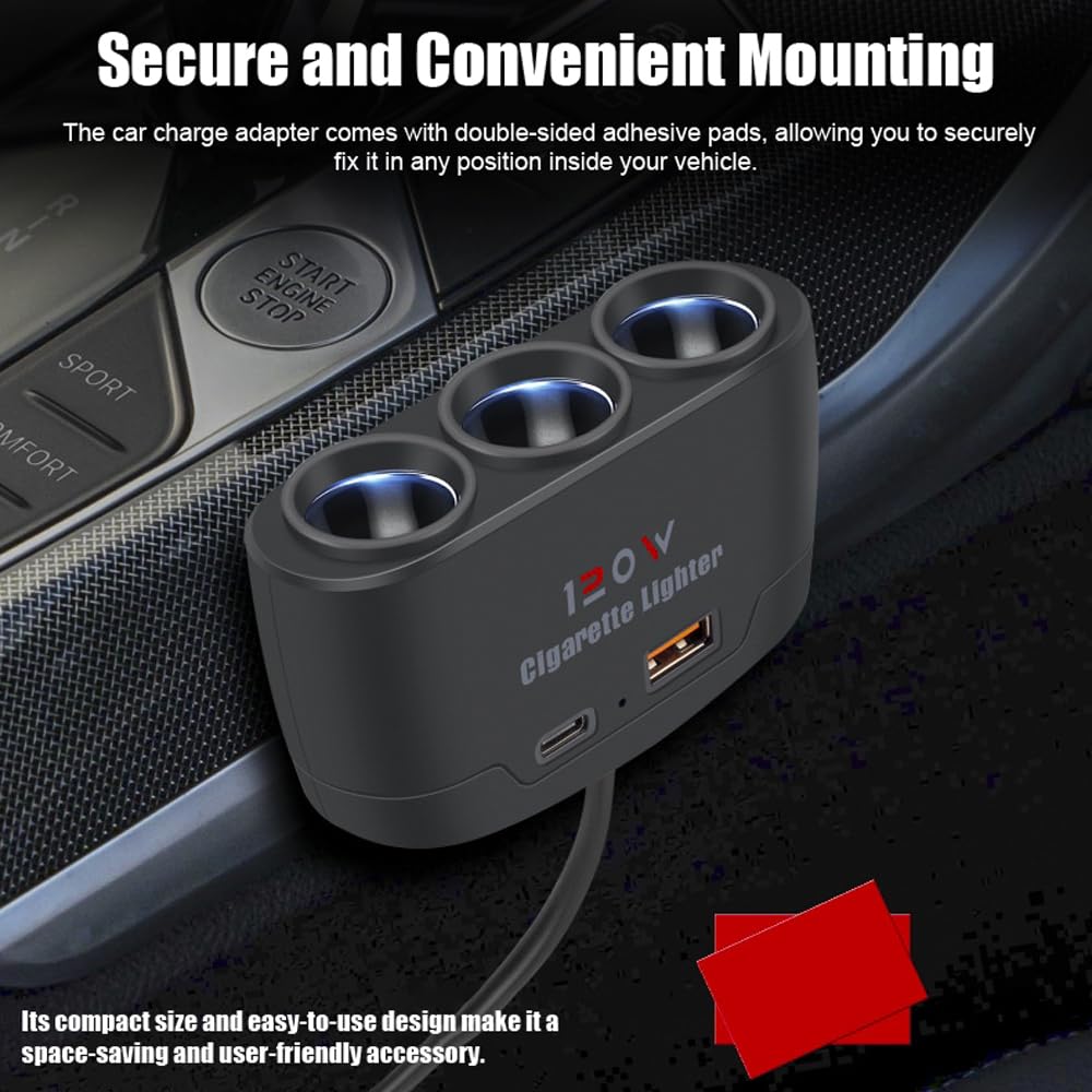 AIYUNDI Divisor de Enchufe de Encendedor de Cigarrillos 3 en 1, Adaptador de Carga rápida USB + PD de 120W, Divisor de Potencia de 3 enchufes, 12-24V para Coche, camión, SUV
