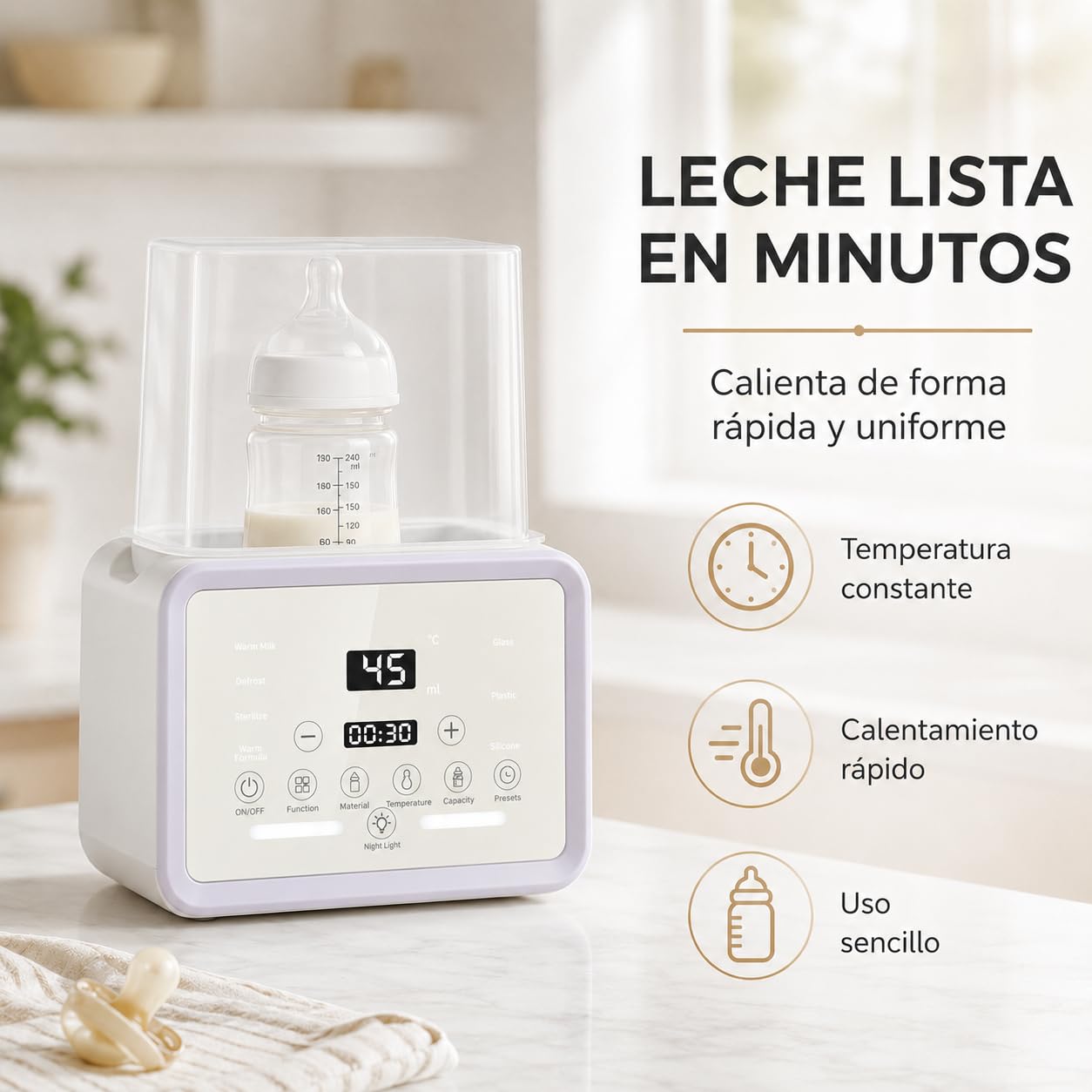 Esterilizador y Calentador de Biberones 6 en 1, Secador de Vapor para Bebé, Capacidad 2 Mamaderas, Pantalla LED Táctil, Control Preciso de Temperatura, Descongelación, Secado, Mantener Calor