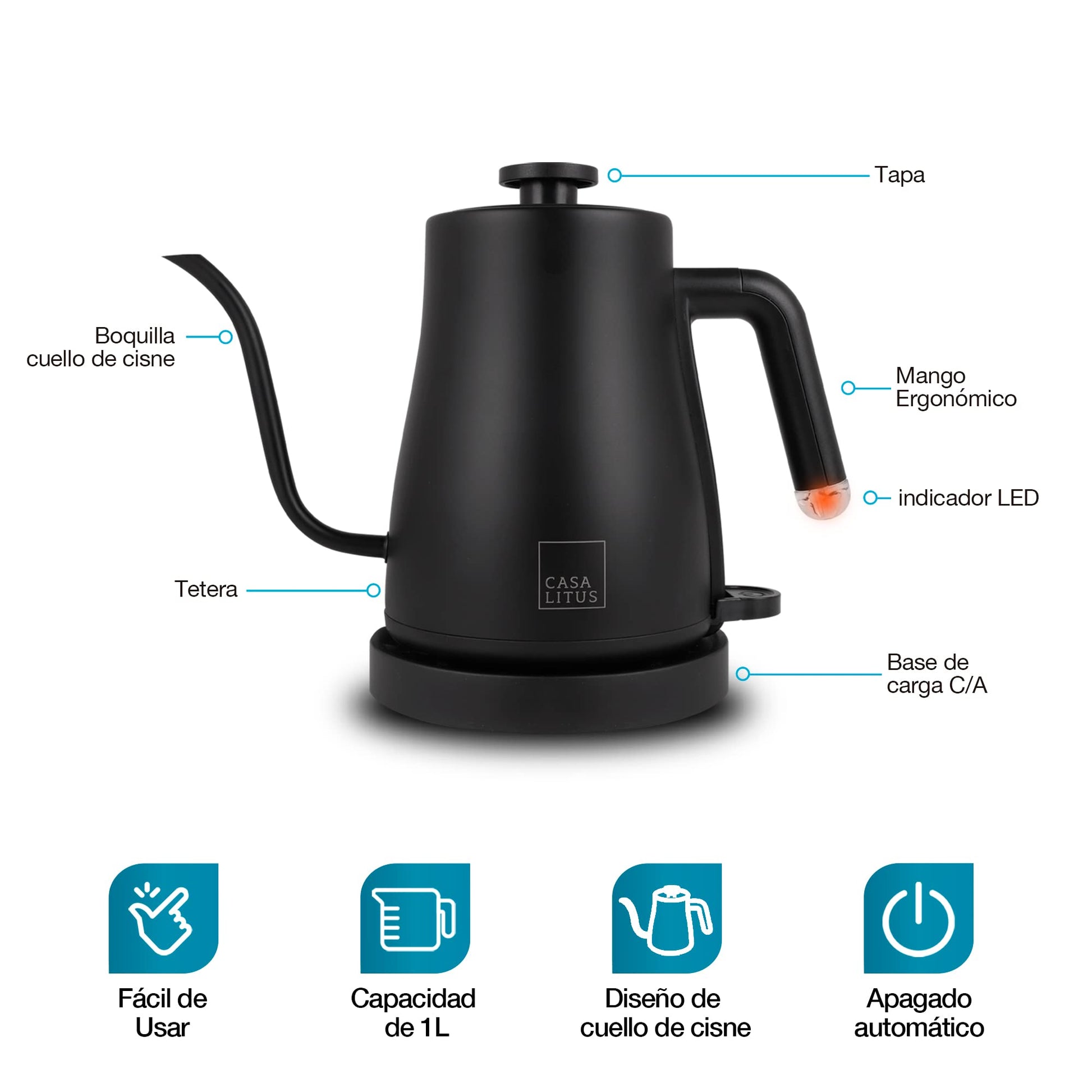 CASA LITUS Tetera Eléctrica de Acero Inoxidable con Cuello de Cisne, Hervidor de Agua Eléctrico con Apagado Automático y Tapa Hermética, Jarra para Preparar Café, Té y más, Cap. 1 Litro, Mod. Hamburgo