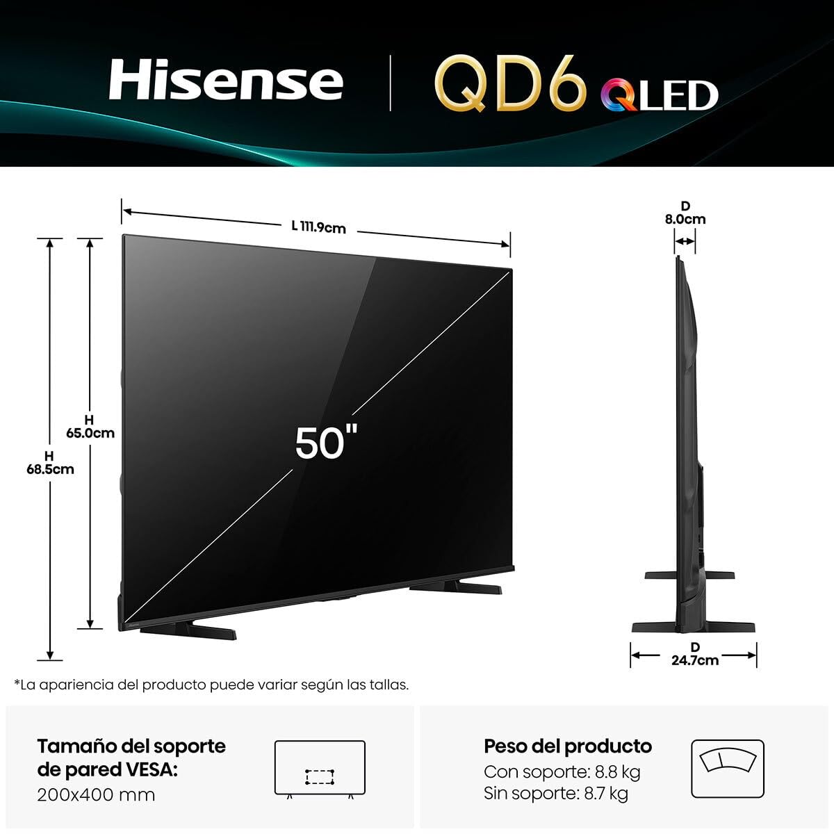 Hisense Combo Pantalla QLED 4K de 50" 50QD6QV Vidaa U Compatible con Alexa,Dolby Vision Atmos, Escalado IA a 4K, HDMI, LAN, WiFi. Control de Voz. Bluetooth. (2025) + Barra de Sonido 2.1
