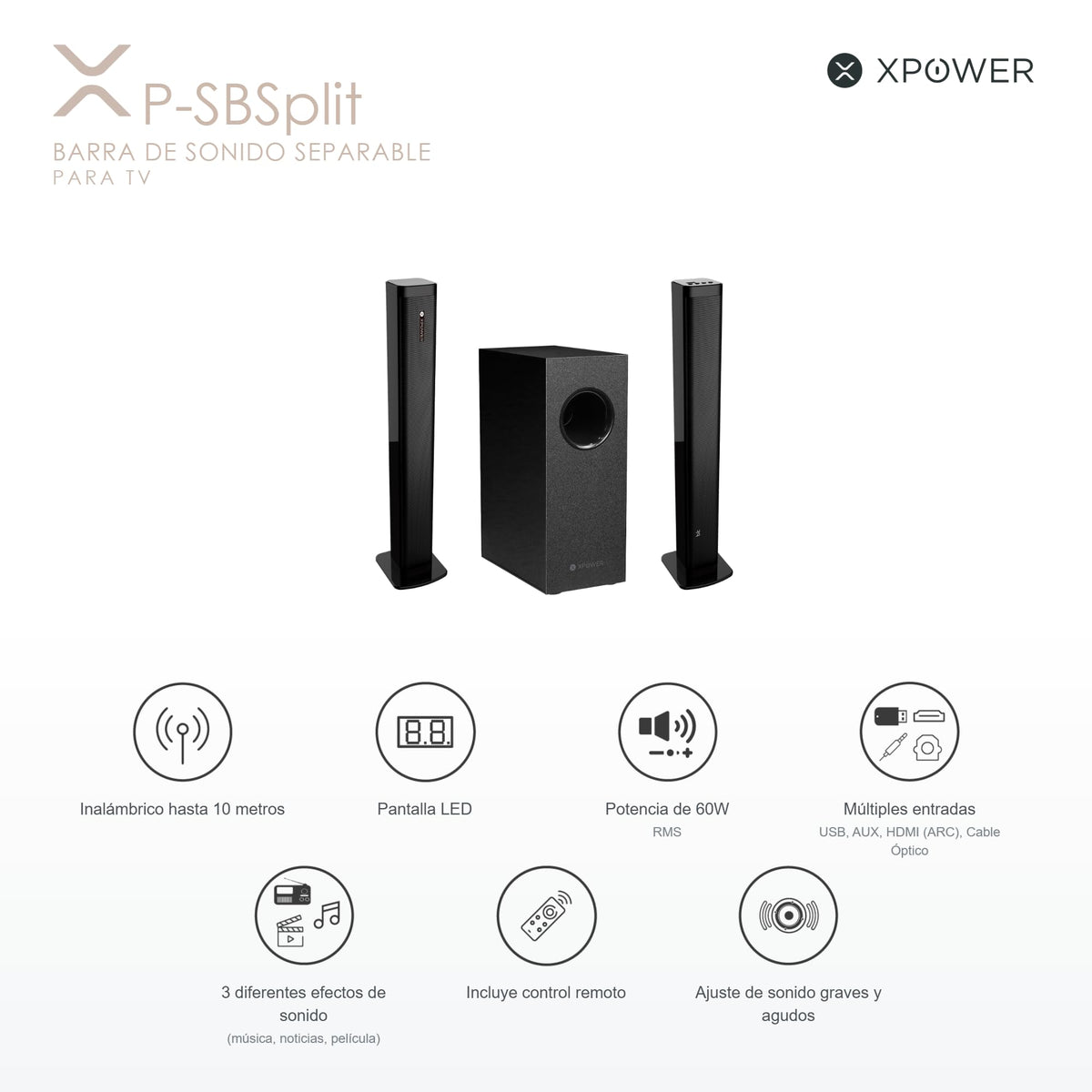 Barra de Sonido Separable XP WER Negro 60W Estéreo con HDMI, Óptico y Auxiliar para Montaje en Mesa