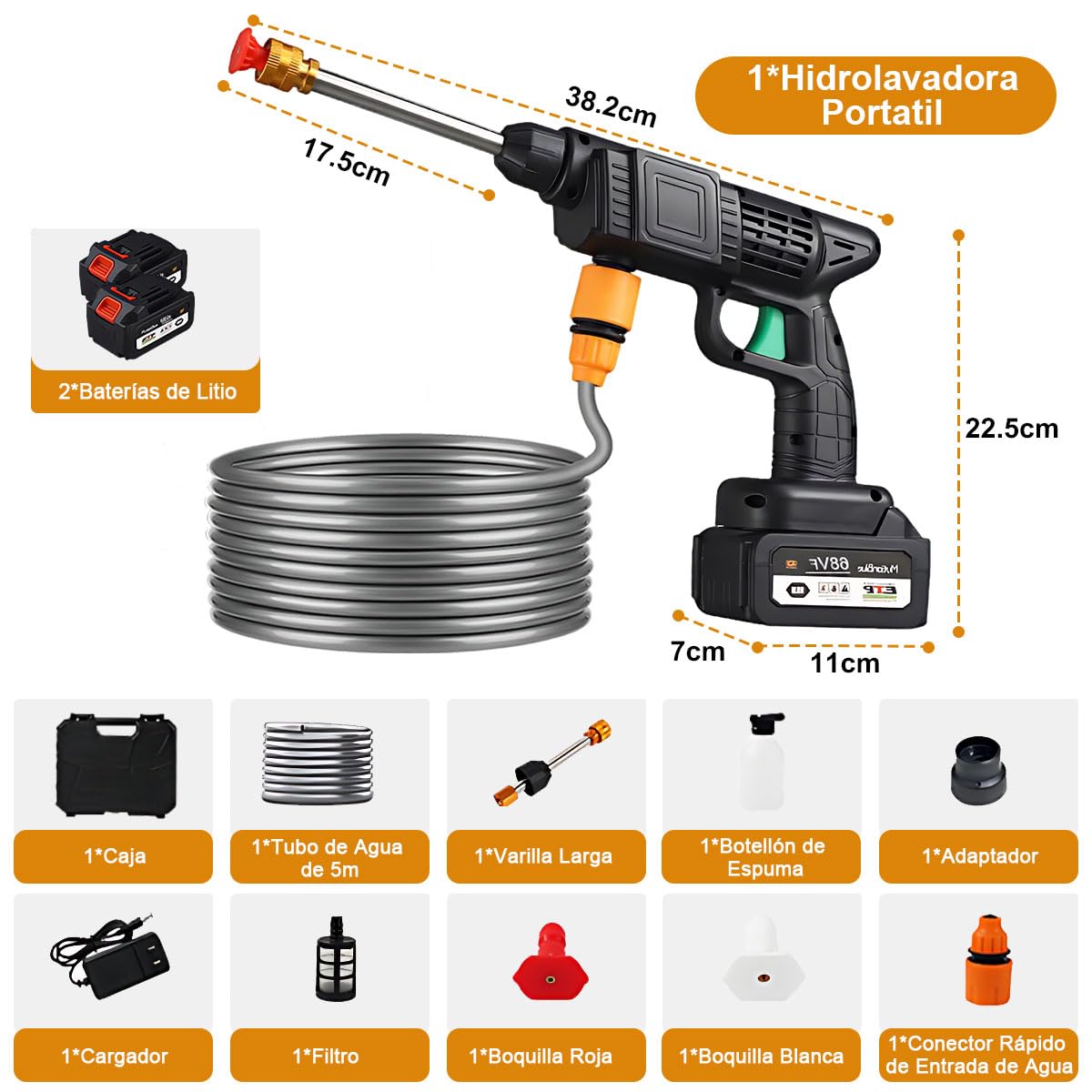 Pistola de Lavado Inalámbrica ADILIKADII Negra con Batería Dual y Hidrolavadora Portátil