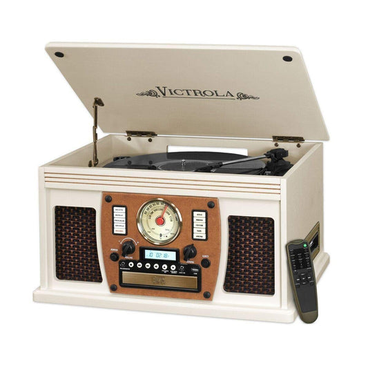Reproductor de Discos Victrola Bluetooth clásico 8 en 1 Navigator con Codificación USB y Tocadiscos de 3 Velocidades