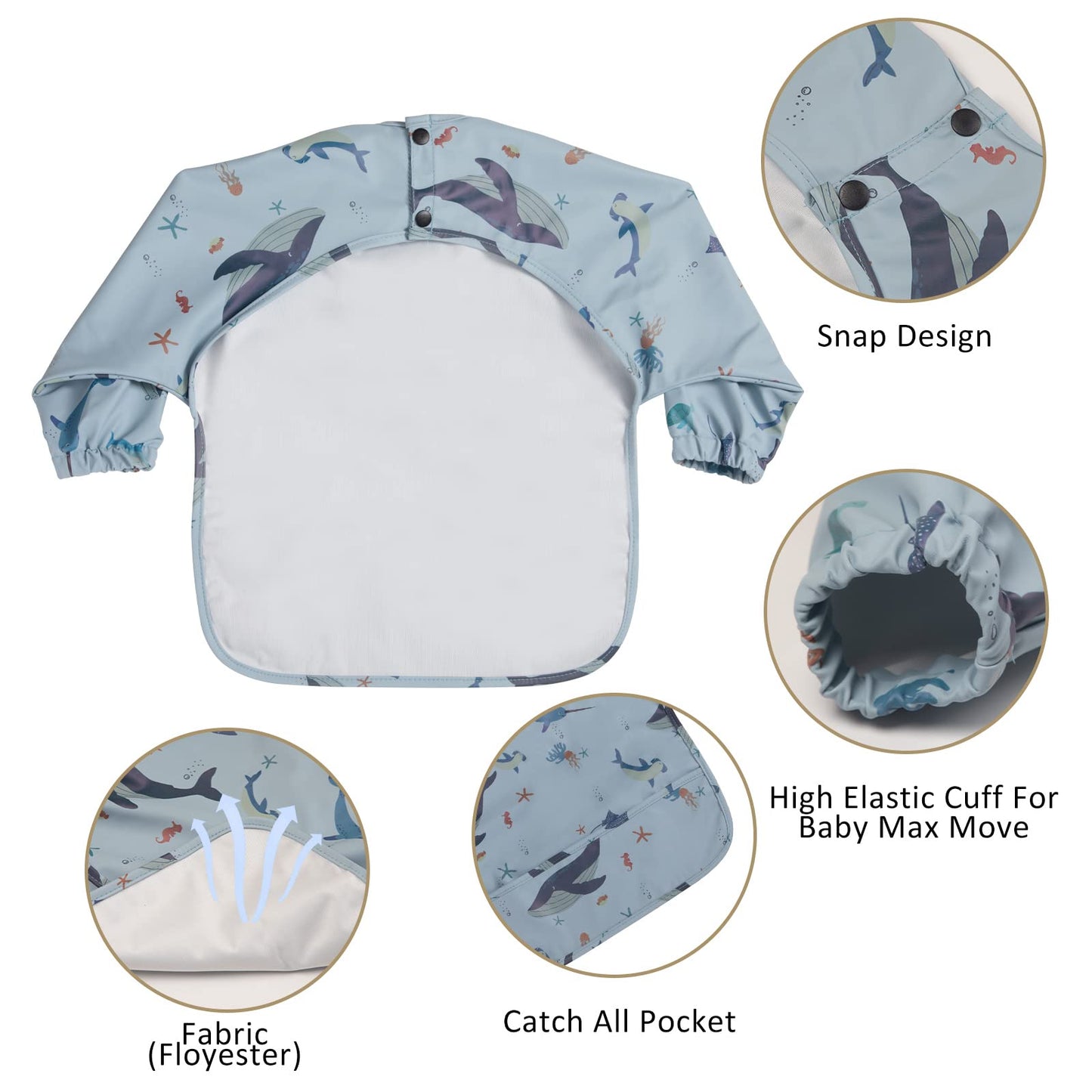 HALAA VAUVA Baberos de manga larga para bebés, impermeables, a prueba de desorden, overol, bata de bebé fácil de limpiar con bolsillo para recoger alimentos para alimentar, comer, lavable, camisa de destete para niños y niñas
