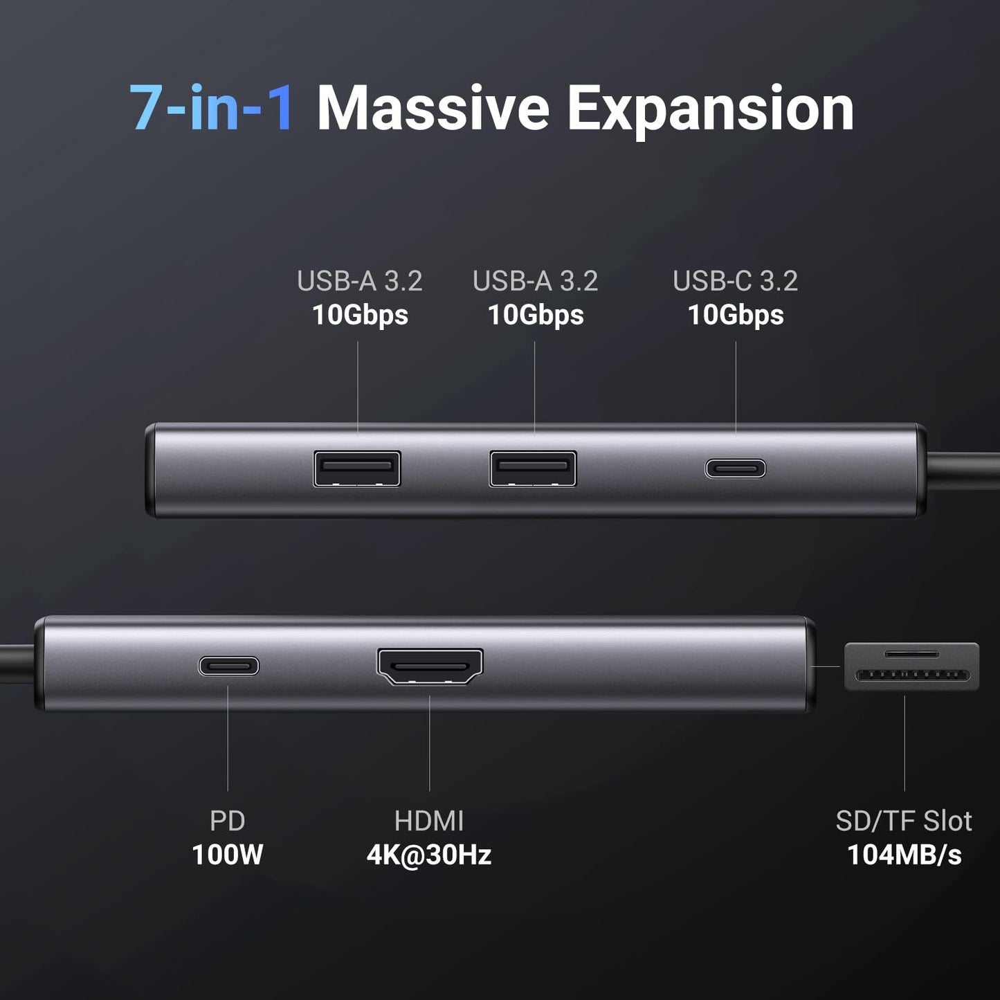 Hub USB C UGREEN Revodok Pro 107 Plata 10 Gbps Carga 100W y HDMI 4K Compatible con MacBook Pro, iPad, iPhone y Más