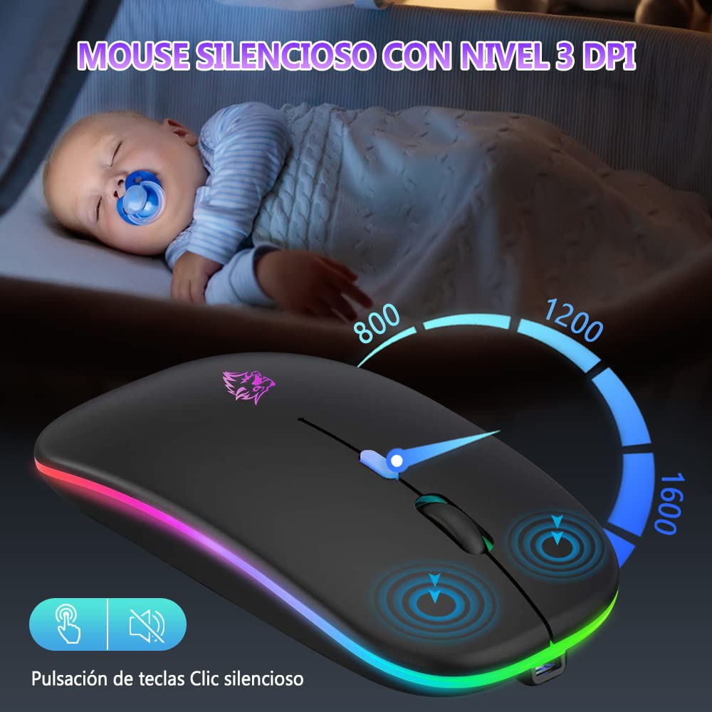 Free wolf X15 Mouse Inalámbrico, Wireless óptico Recargable 2.4 G Ergonómico Silencioso Click con Receptor USB 3(800/1200/1600) Ajustable dpi Ratón para Computadora,Portátil,PC,Mac (Negro Mate)