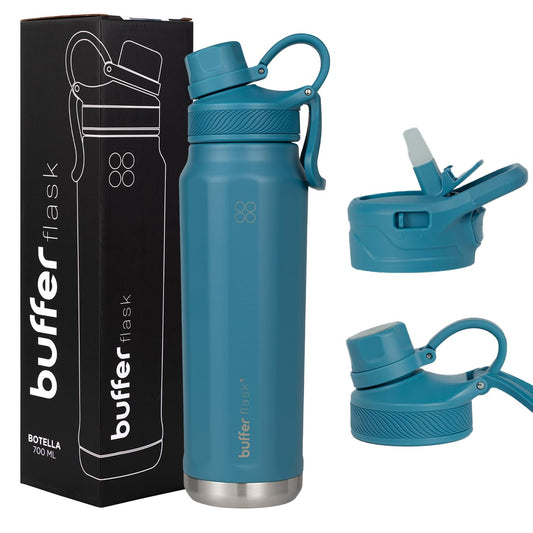 BUFFER FLASK - Termo de Acero Inoxidable | Botella de Agua Aislante, Termos Agua Fría (24 horas) o Caliente (12 horas) | Antigoteo, Hermético | Incluye tapas | 700 ml - 24 Oz| Color Blue Verdi