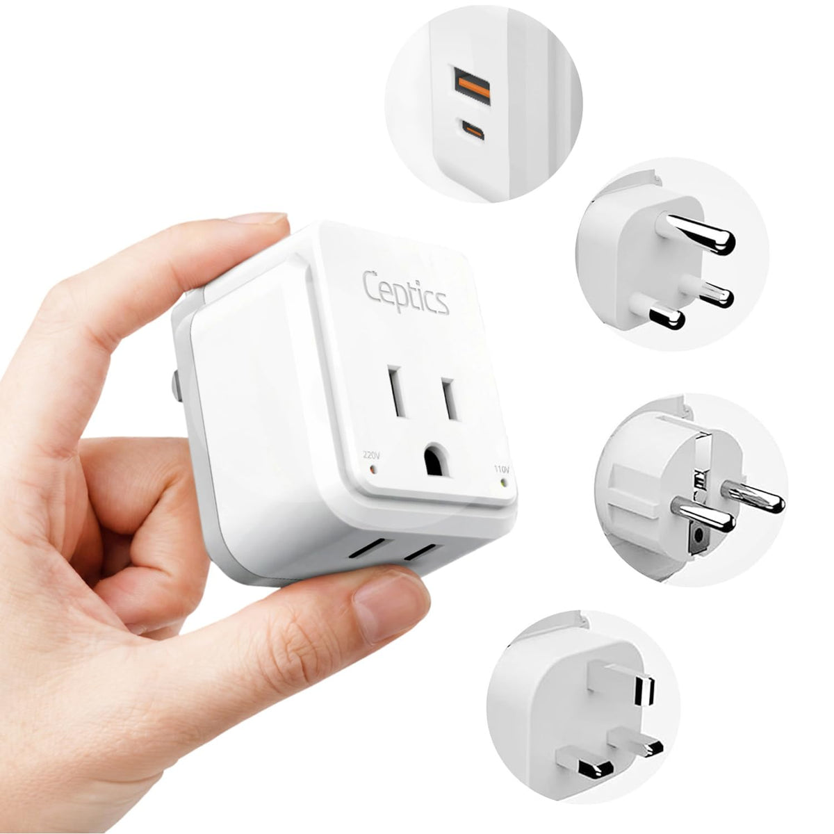 Juego de Adaptador de Corriente Ceptics South Africa Blanco con Doble USB y USB-C para Viaje en África