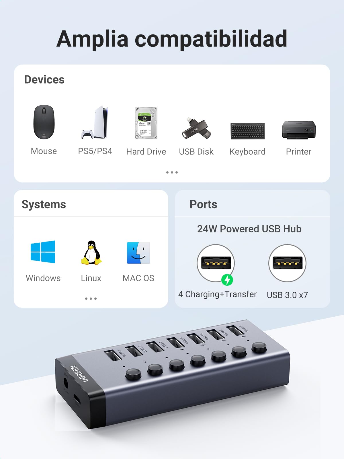 Hub USB 3.0 UGREEN Negro con 7 Puertos Independientes para PC, Portátil, Mac y MacBook Pro/Air