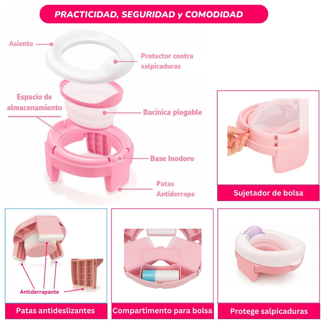 Baño Entrenador Niño 2 en 1 (Bacinica Portátil y Asiento de Inodoro). Para Potty Training. Plegable, Fácil y Seguro, Ideal para Casa, Viajes, Camping. Incluye: Maletita, 5 Rollos de Bolsas (Rosa)