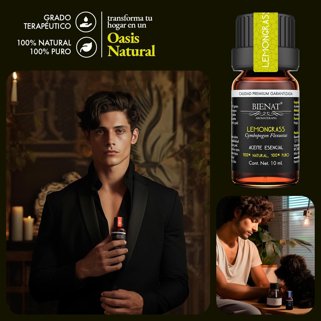 BIENAT AROMATERAPIA Aceite Esencial de Lemongrass 10mL | 100% Puro y Concentrado | Ideal para Difusor de Aromas, Humidificador, Aromaterapia, Masajes, Meditación, Jabones y Velas | Esencia Natural en Gotas