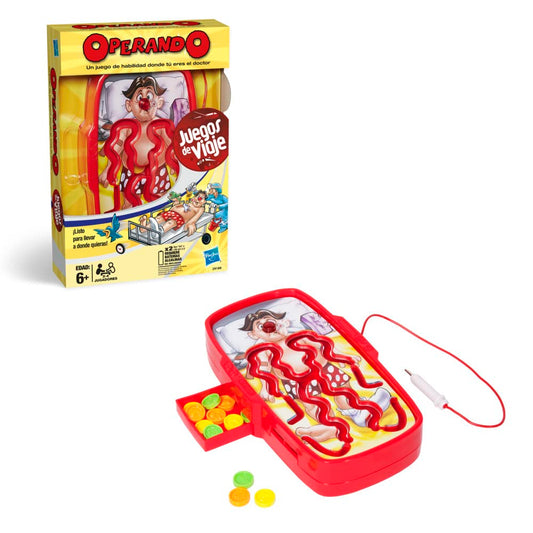 Hasbro Gaming Operando Juego de Viaje Juego de Mesa Familiar con luz y Sonido para 2 a 4 Jugadores y niños y niñas de 6 años en adelante