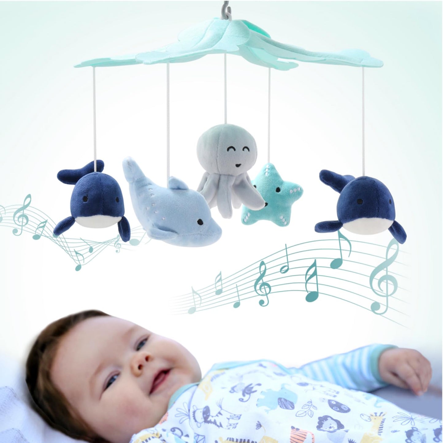 Móvil para Cuna The Peanutshell Azul Claro y Oscuro con 12 Canciones de Cuna decoración Náutica para Bebés Oceánicos