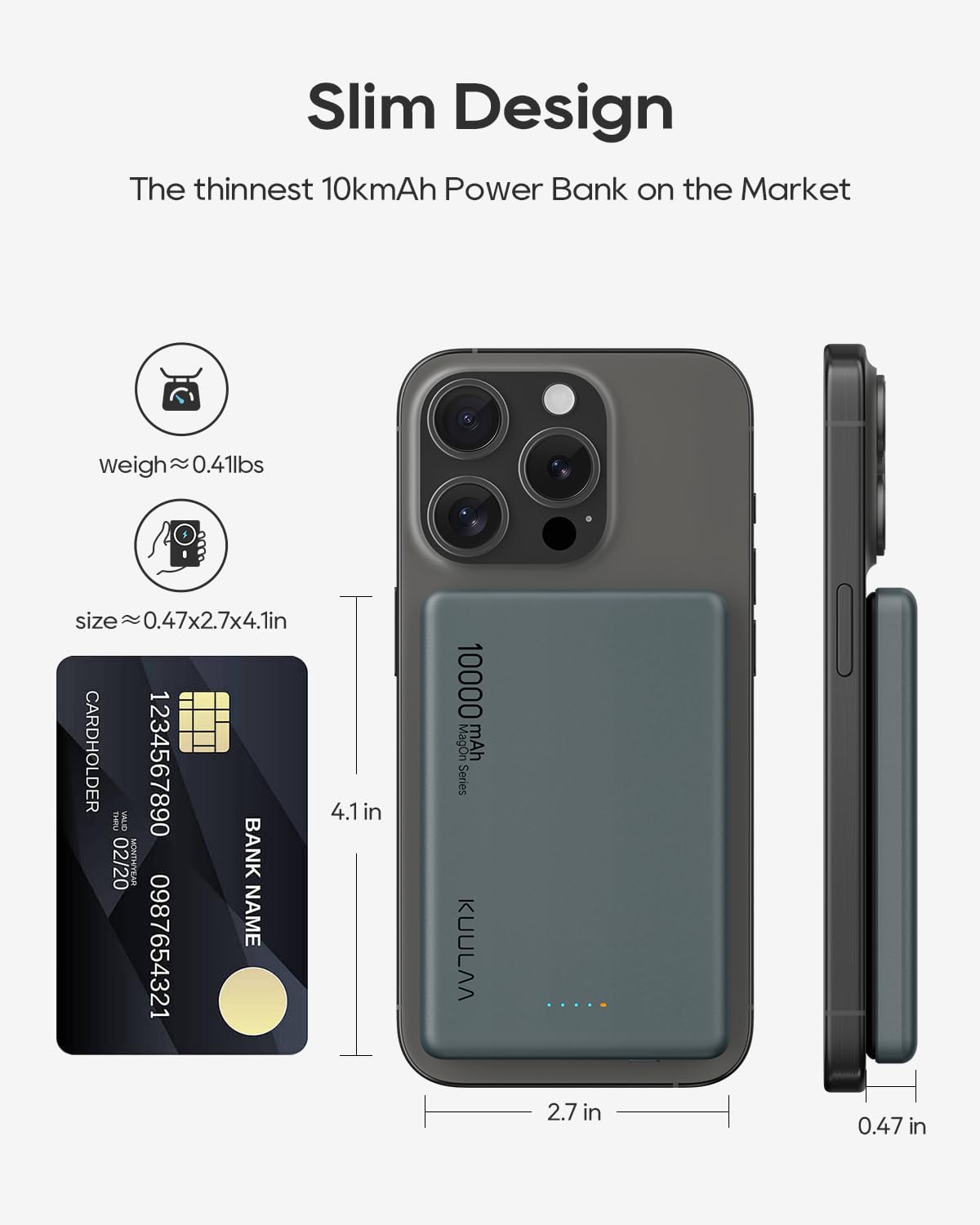 KuuLaa Power Bank 10000mAh Delgado con Pantalla Digital, Batería Portátil Magnética PD20W USB-C, Carga Rápida para iPhone 12-16/Samsung (Gris)