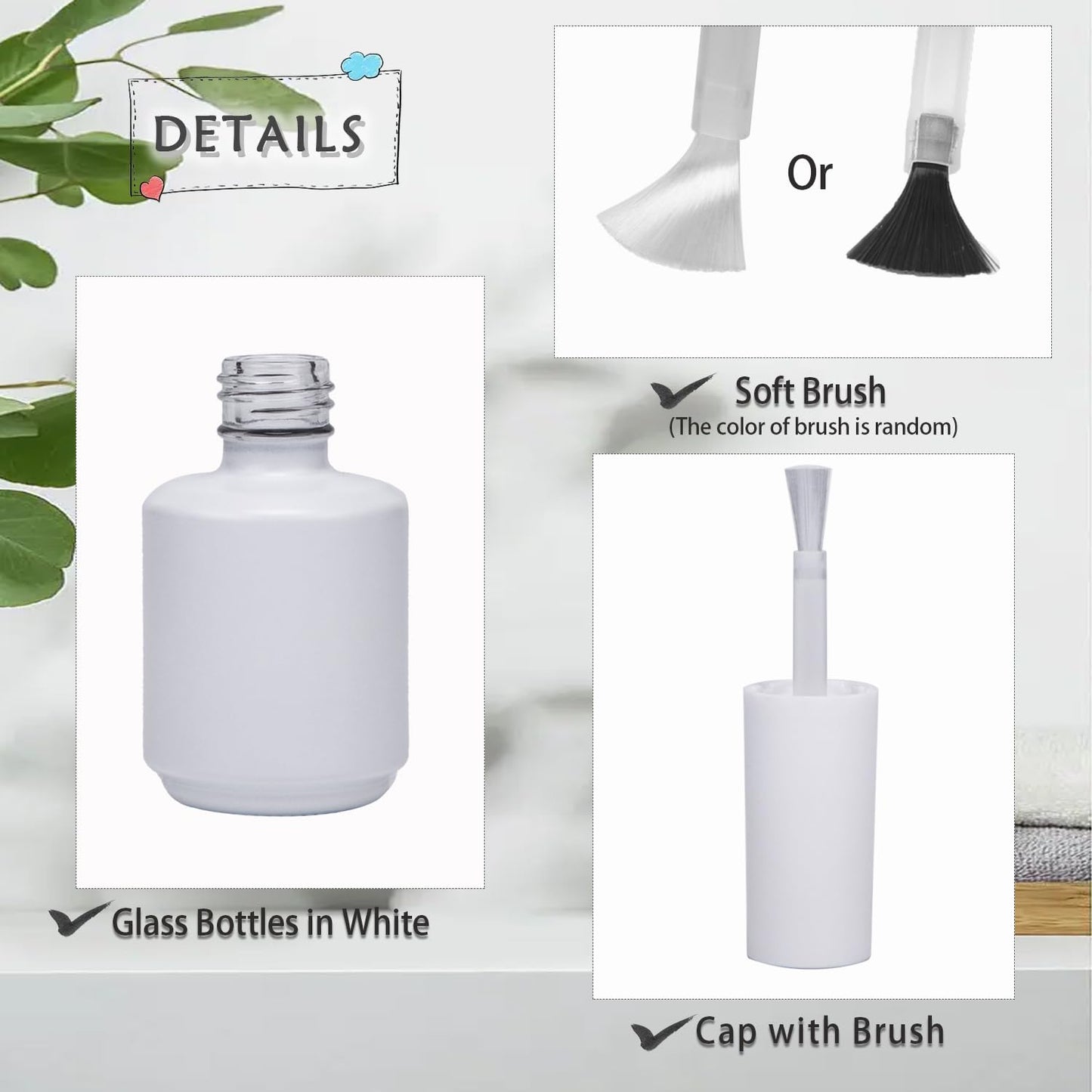 Agidea - Botellas vacías de esmalte de uñas de gel, botellas vacías de 15 ml, botellas de esmalte de uñas de vidrio redondo opaco recargables, resistentes a los rayos UV con bolas de mezcla y embudos