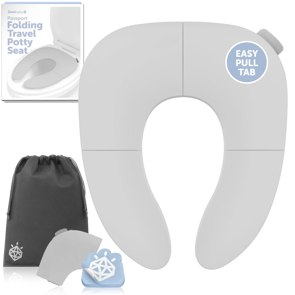 Jool - Asiento plegable para entrenamiento de viaje para niños pequeños, se adapta a inodoros redondos y ovalados, ventosas antideslizantes, incluye bolsa de viaje (gris)