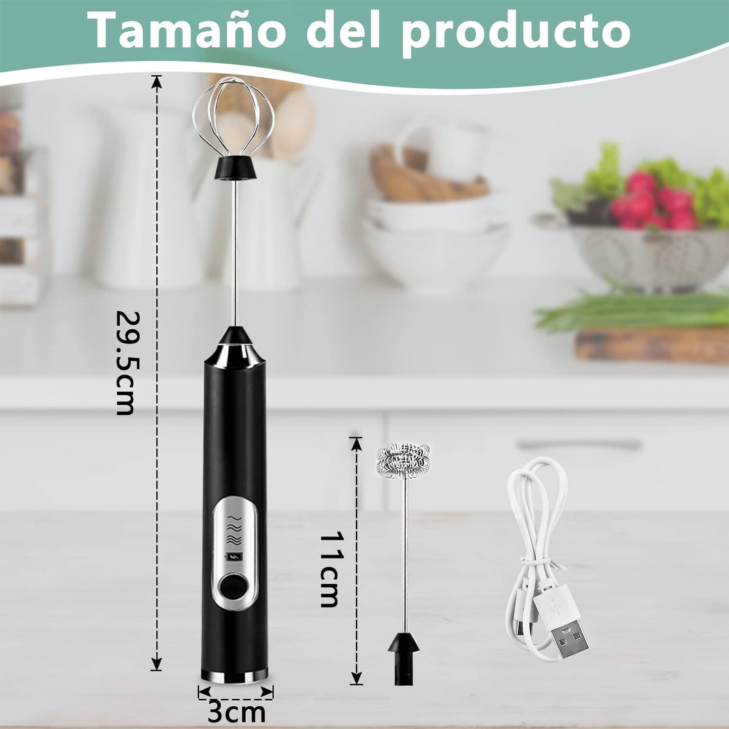 Espumador de Leche Eléctrico Recargable USB Negro con 3 Velocidades y 2 Batidores