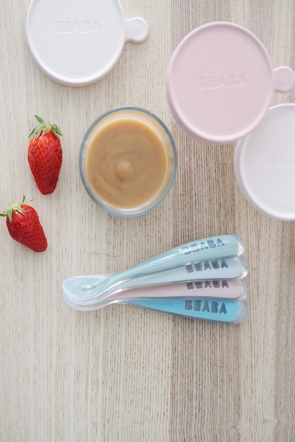 BEABA Juego de cucharas de alimentación para bebés de primera etapa, las cucharas de silicona de punta suave originales para bebés, sin ftalato de plomo BPA y sin plástico, gran juego de regalo (paquete de 4), nube