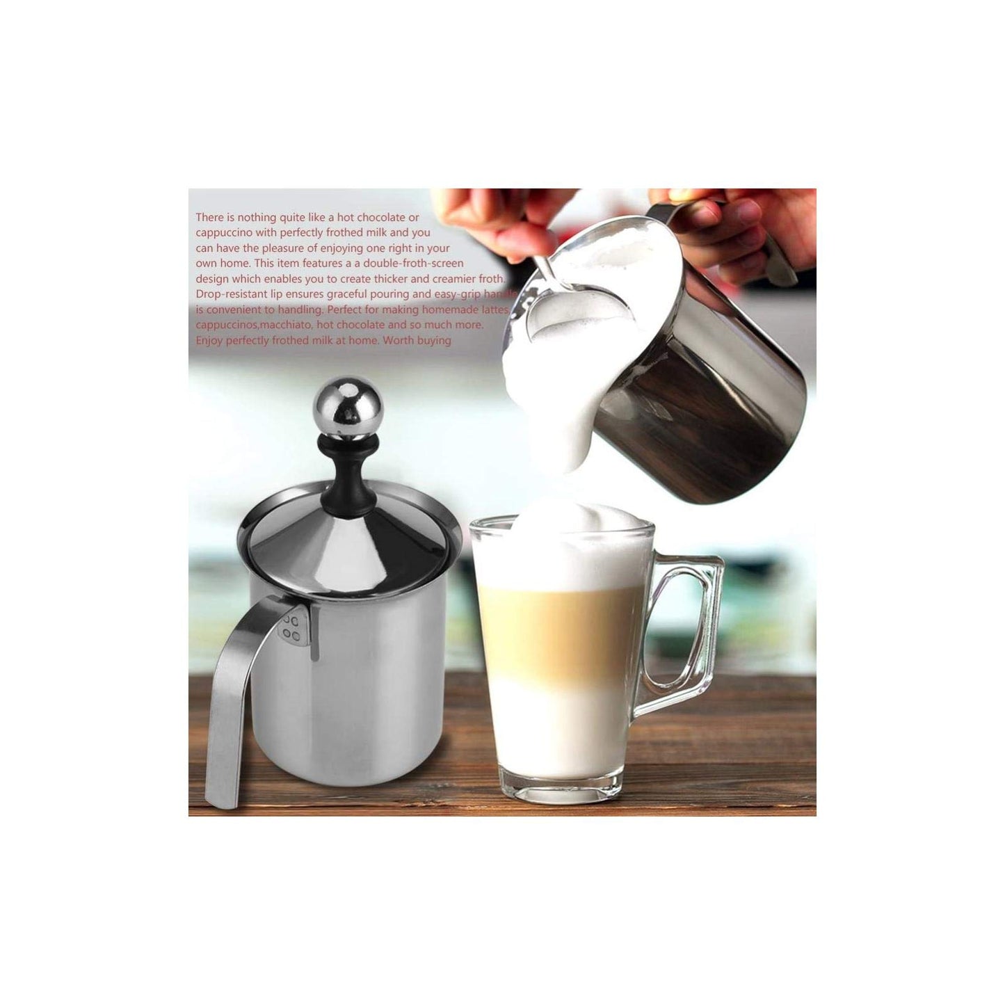 Espumador de Leche Manual Acero Inoxidable 800ML Doble Malla para Cappuccino