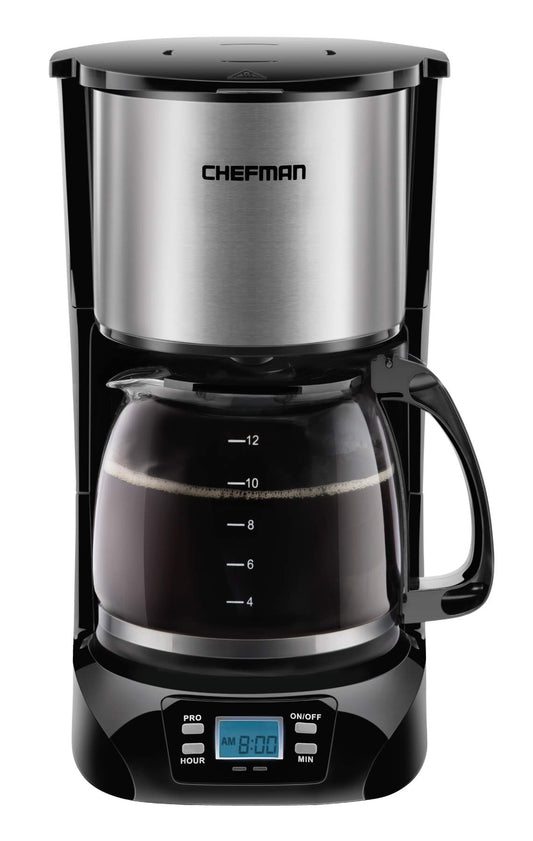 Chefman | Cafetera Programable | 12 tazas | Goteo | Filtro Reutilizable | Acero Inoxidable