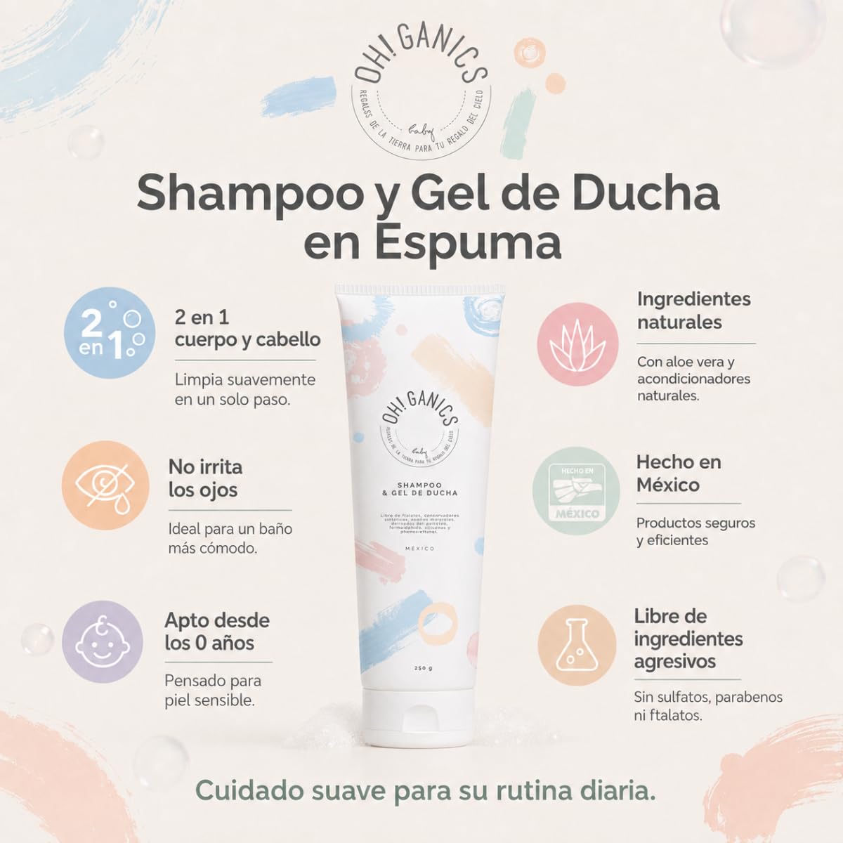 OH! GANICS Shampoo y Gel de Ducha para Bebé, 250 ml