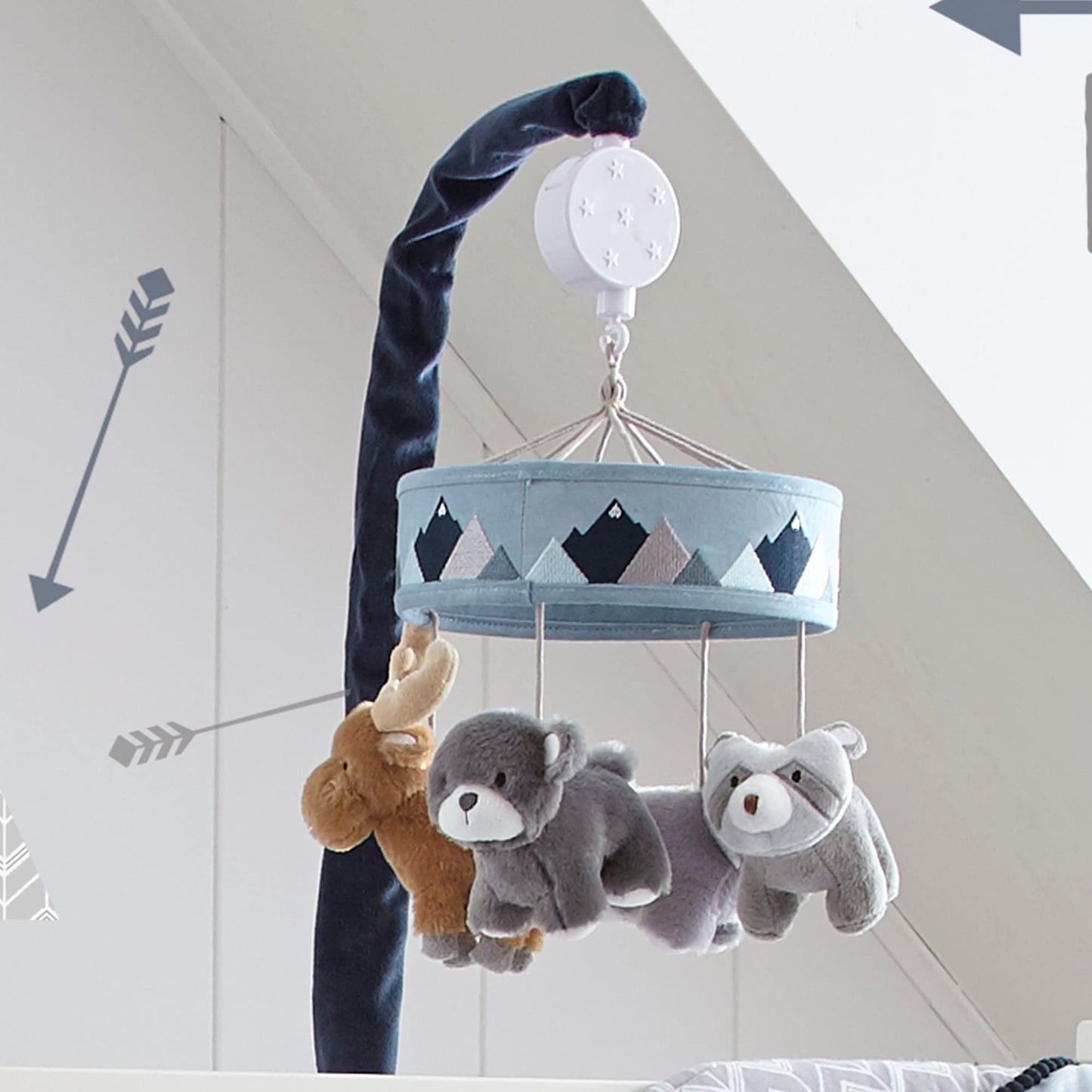 Levtex Baby - Trail Mix Musical Rotating Baby Crib Mobile - Plush Bears , Moose and Racoon - Grey, Blue, Navy, Brown, White - Nursery Accessories#
