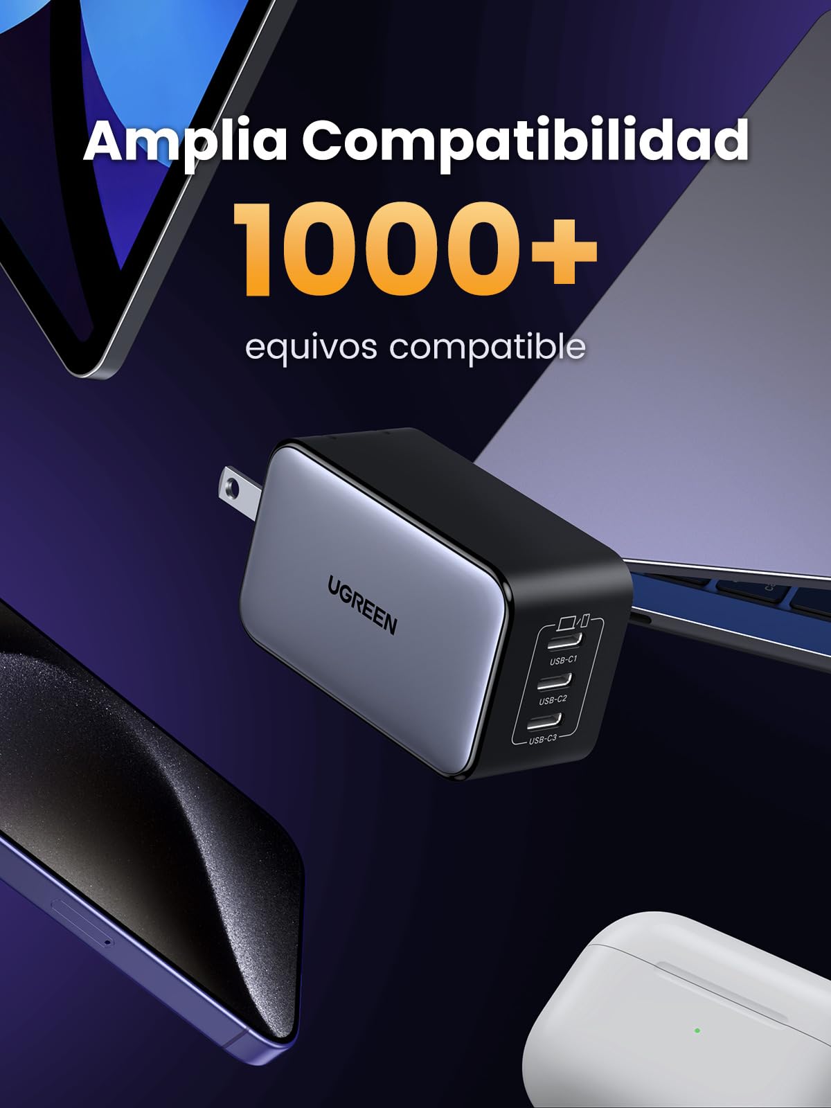 Cargador USB C 65W UGREEN Blanco Nexode GAN con 3 Puertos Compatible con iPhone Galaxy MacBook iPad Pixel Steam Deck