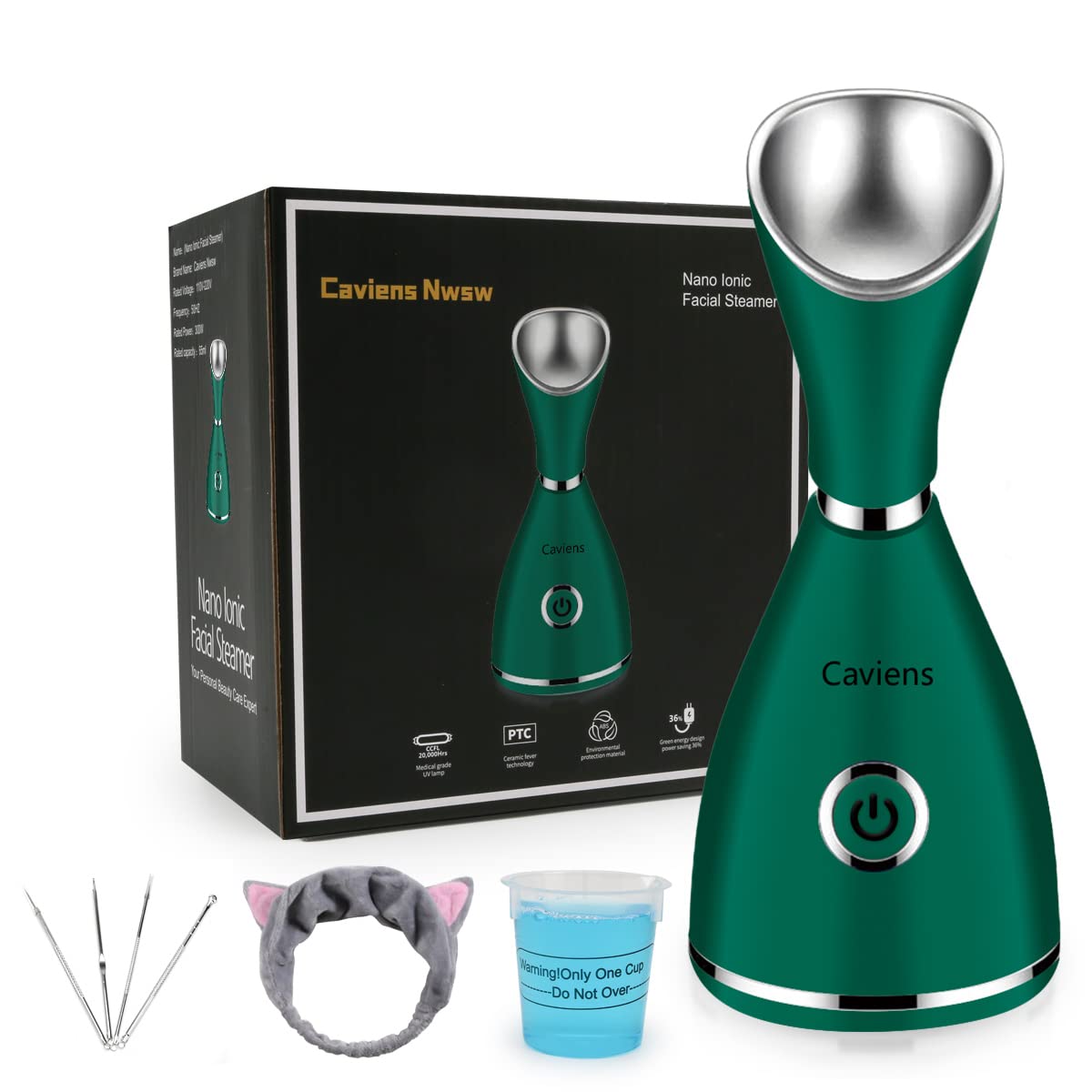 Vaporizador facial nano iónico facial humidificador de niebla cálida, atomizador hidratante facial vaporizador facial para el hogar, sauna y spa, con kit de piel de acero inoxidable de 4 piezas y banda para el cabello (verde)