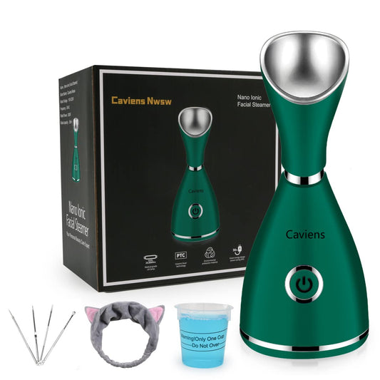 Vaporizador facial nano iónico facial humidificador de niebla cálida, atomizador hidratante facial vaporizador facial para el hogar, sauna y spa, con kit de piel de acero inoxidable de 4 piezas y banda para el cabello (verde)