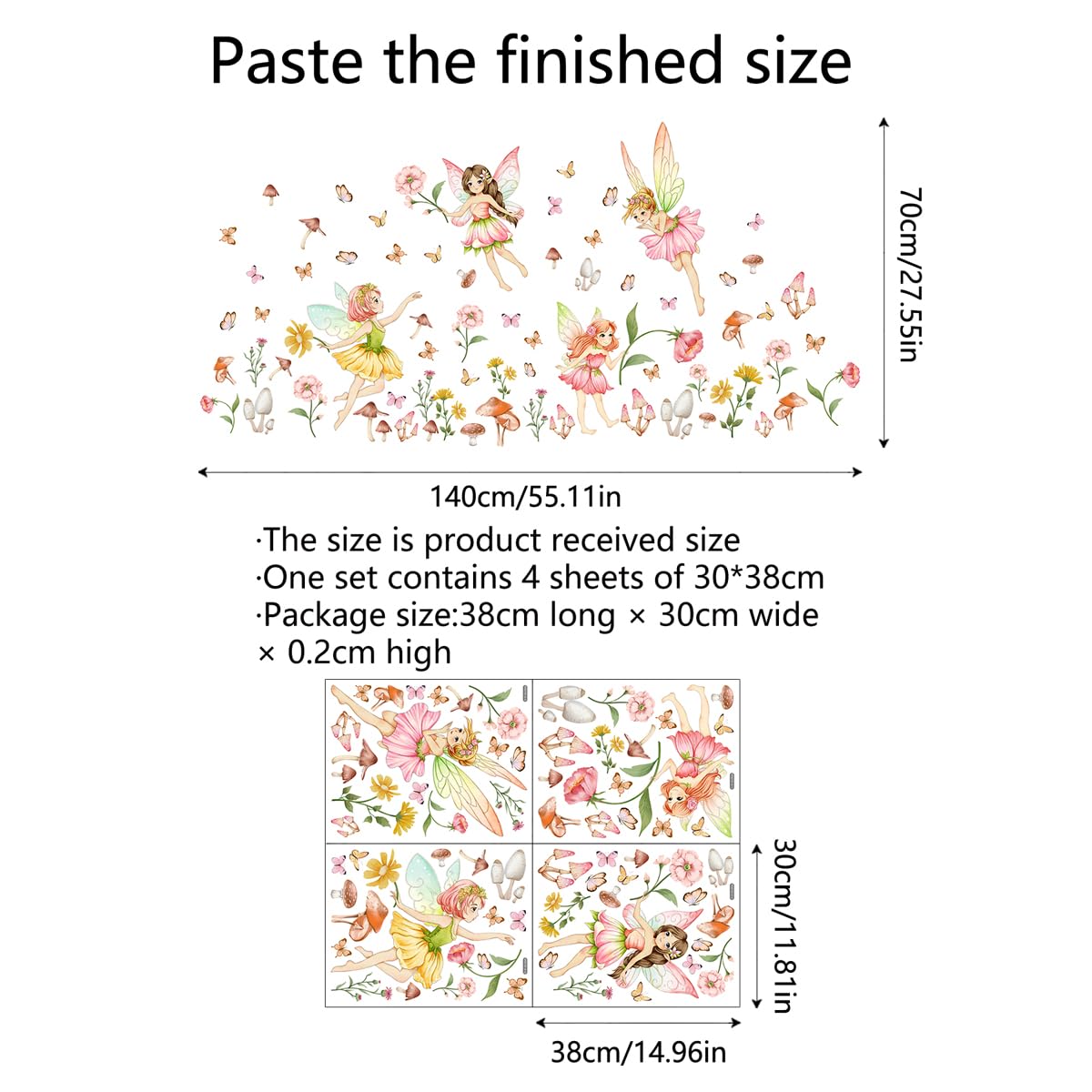 Vinilo decorativo para pared, diseño de hada de flores, diseño de hongos del bosque, pegatinas de pared con mariposa, murales de pared florales extraíbles para despegar y pegar para niños, papel