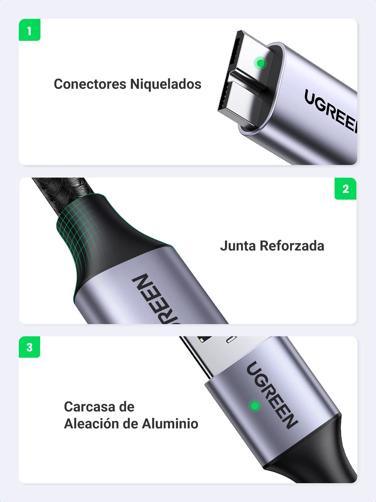 UGREEN Cable Micro B USB 3.0 Cable USB 3.0 Tipo A a Micro B Transferencia 5 Gbps para Disco Duro Externo WD Passport Toshiba Canvio Seagate Maxtor de Carga para Galaxy Note 3, S5, 0.5 Metros