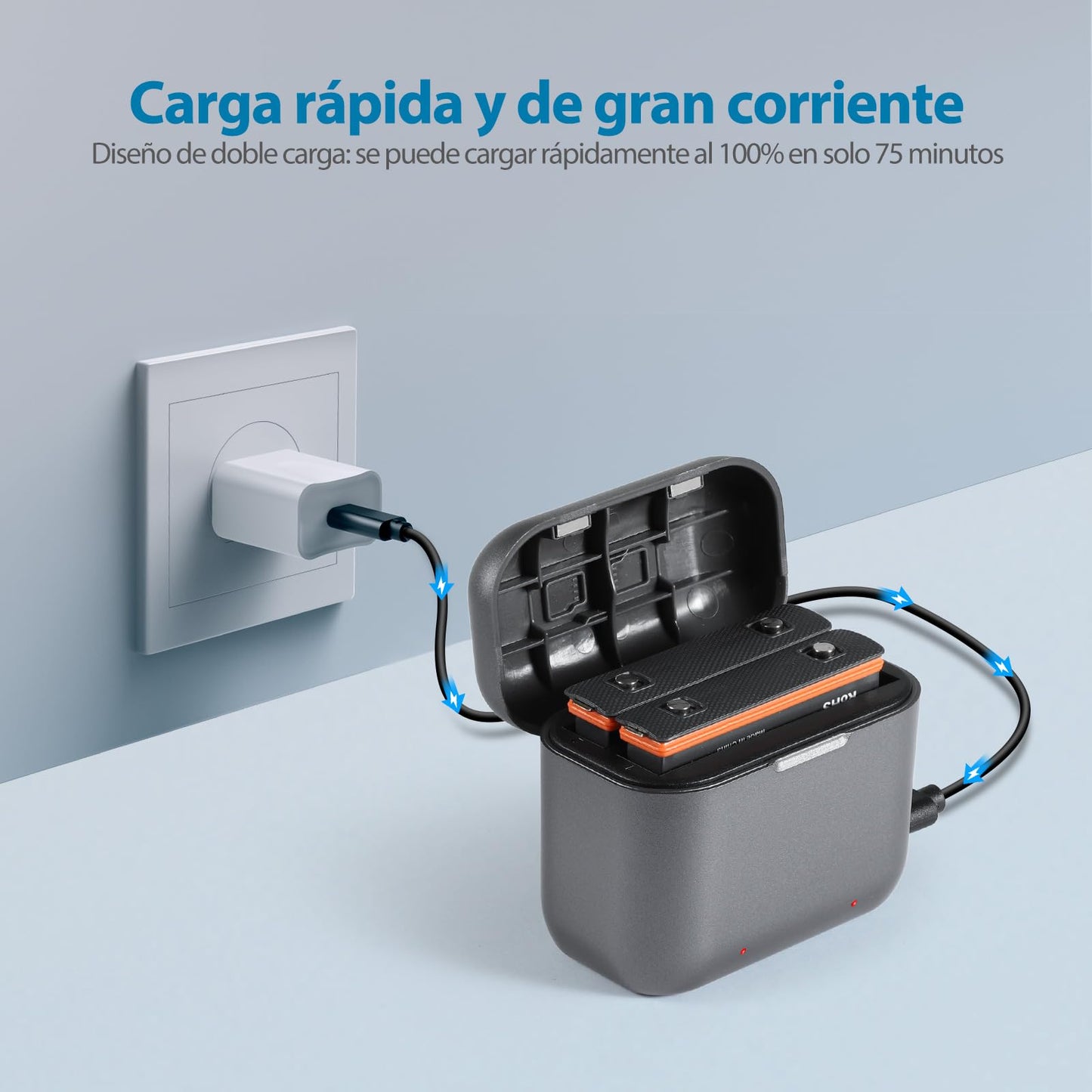 Batería PHTEGI Insta360 X3 1800mAh azul con Hub de Cargador rápido y Ranuras para Tarjetas SD