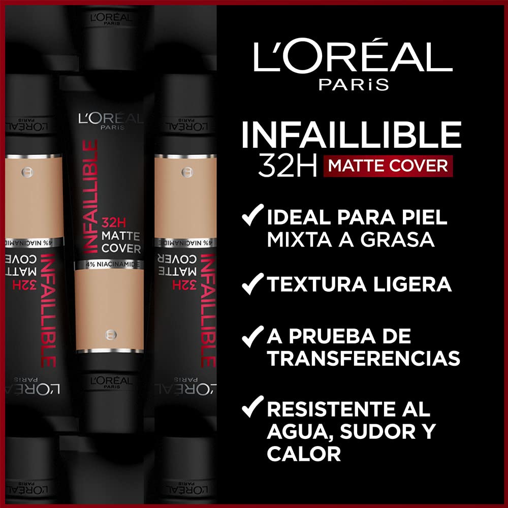 L'Oréal Paris, base de maquillaje de alta cobertura matte y larga duración, Infallible 32h Matte Cover, Tono 130 Neutral