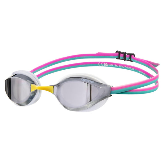 ARENA - anteojos de natación unisex para adultos, para hombres y mujeres, lentes de espejo antivaho, máxima comodidad, doble correa, plateado/blanco/fucsia