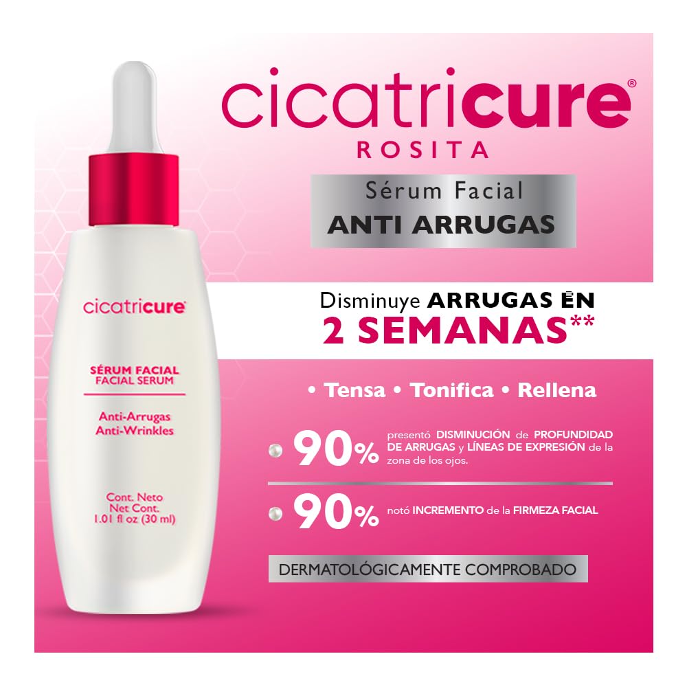 CICATRICURE - Sérum Facial Anti-arrugas. Con biotecnología molecular tensa, tonifica, rellena y disminuye arrugas en 2 semanas. Para todo tipo de piel. Presentación con 30ml