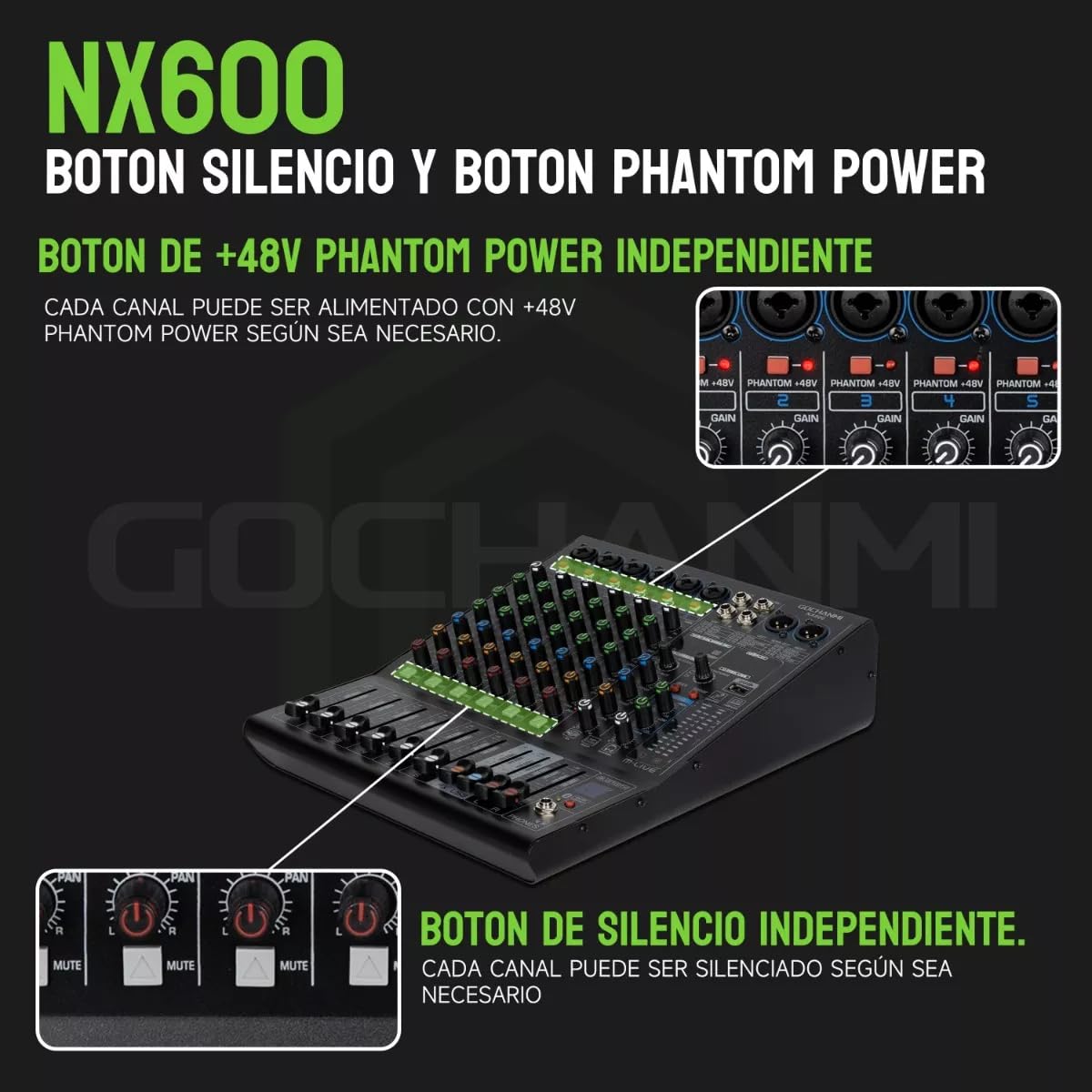 GOCHANMI NX600 Mezcladora de Audio 6 Canales 99 DSP Efectos Preamplificador Mixer USB Interfaz Bluetooth con independiente 48V Alimentación Fantasma y un ecualizador de 7 segmentos