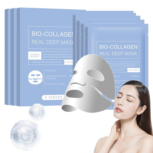 Mascarilla Bio Colágeno, Mascarilla de Colágeno, Minimiza los Poros Mejora la Elasticidad, Mascarillas Faciales para Reafirmación del Rostro en Mujeres y Adolescentes (3 Cajas - 15 Piezas)