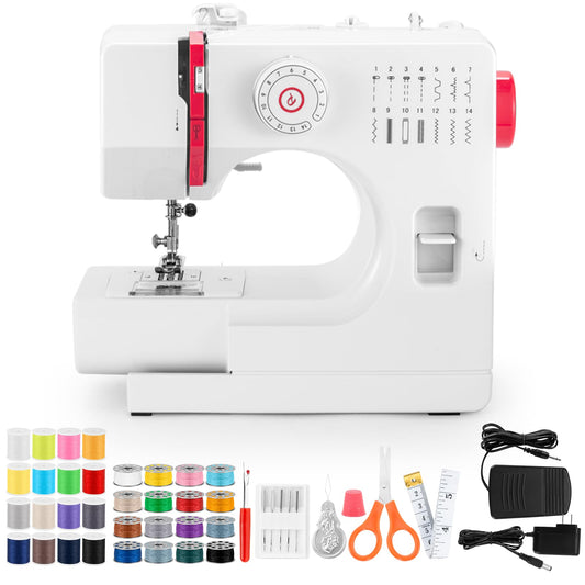 Máquina de Coser, Mini Maquina de Coser Portátil con 14 Tipos de Puntadas, Máquina de Coser Eléctrica para Principiantes, Pedal Eléctrico de Doble Uso,Ideal para Ropa,Sábanas, Patchwork,Cremallera