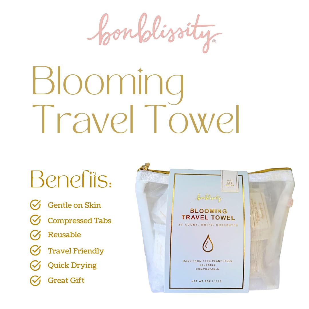 Bonblissity Toallas faciales comprimidas para viaje, reutilizables, portátiles, compactas, expandibles y activadas por agua, mini artículos esenciales de viaje para mujeres (paquete de 2, 20 unidades