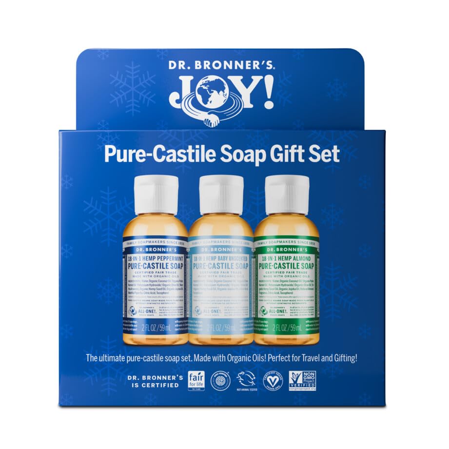 Dr. Bronner's | Set de regalo de jabones de castilla concentrados y versátiles en travel size; 3 aromas: Menta, Almendra y Sin Aroma