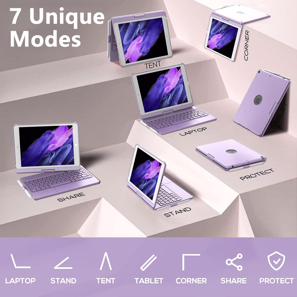 Funda Teclado Touchpad iPad 10.2 Morado Giratoria 360° Con Portapluma