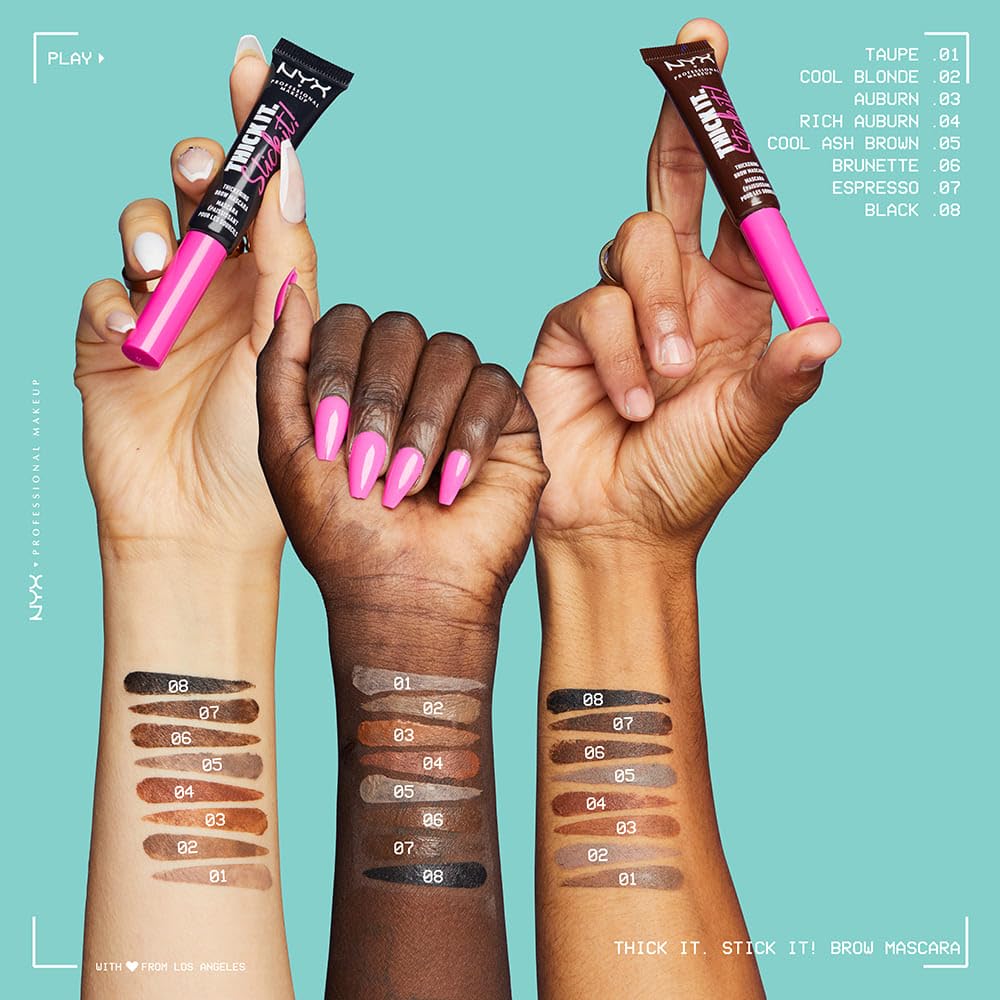 NYX Professional Makeup, Thick It Stick It! Gel de cejas con color, 7ml. Tono: Brunette. Mascara de cejas con microfibras que rellena, da volumen y fija las cejas hasta por 16 horas. Fórmula vegana.