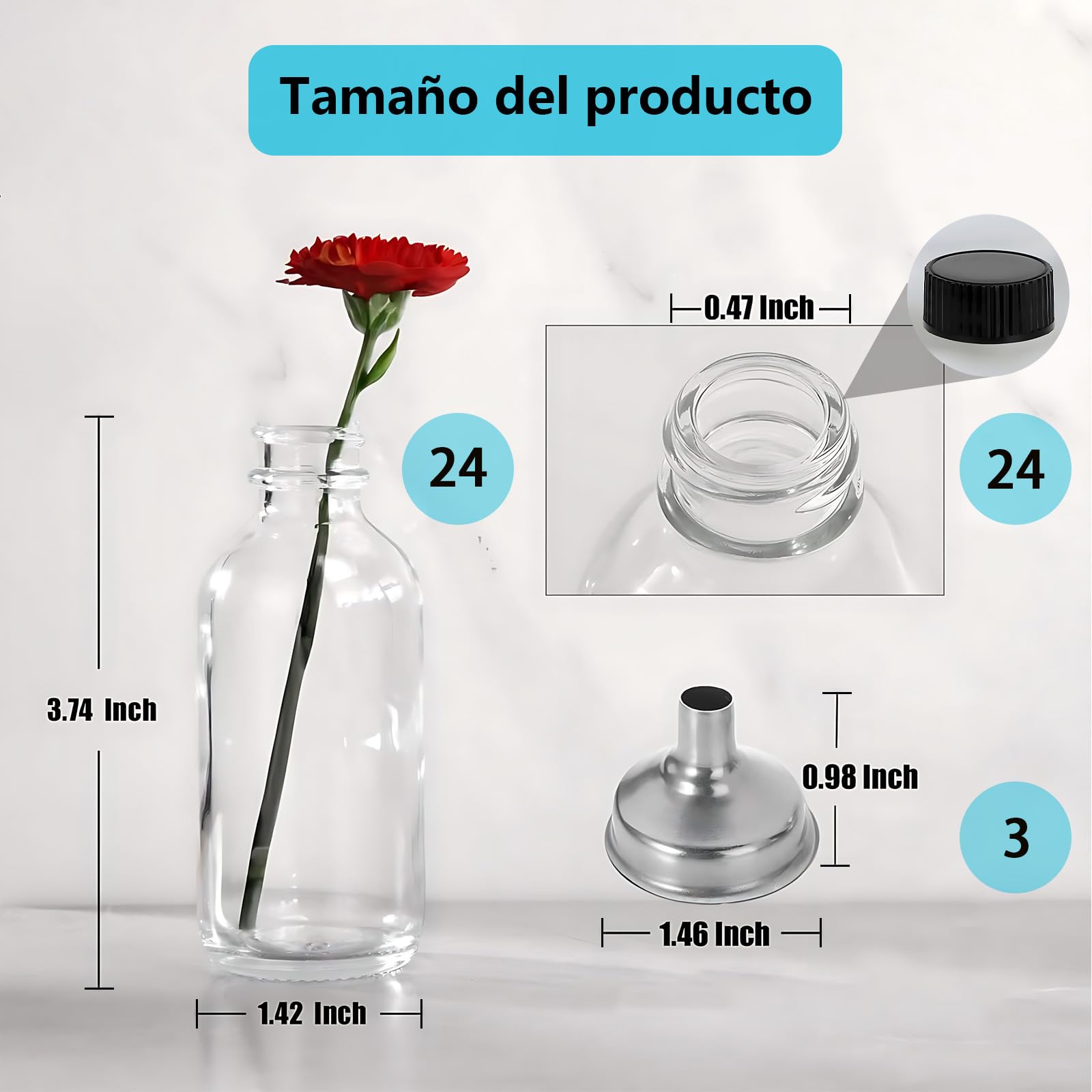 Botellas de vidrio redondas Boston, paquete de 24 botellas pequeñas de vidrio de 2 oz (60 ml) con tapas y embudos de acero inoxidable para jugo, aceite y whisky, de cocina, de viaje y reutilizables