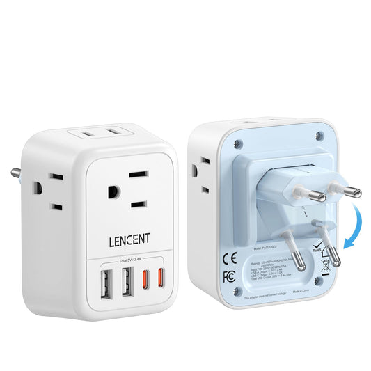 LENCENT 2X Adaptador de Viaje Enchufe Europeo, Cargador con 4 Salidas CA y 4 Puertos USB (2 USB-C), Convertidor de Enchufe Americano a Europeo para Europa España, Italia, Francia, Alemania