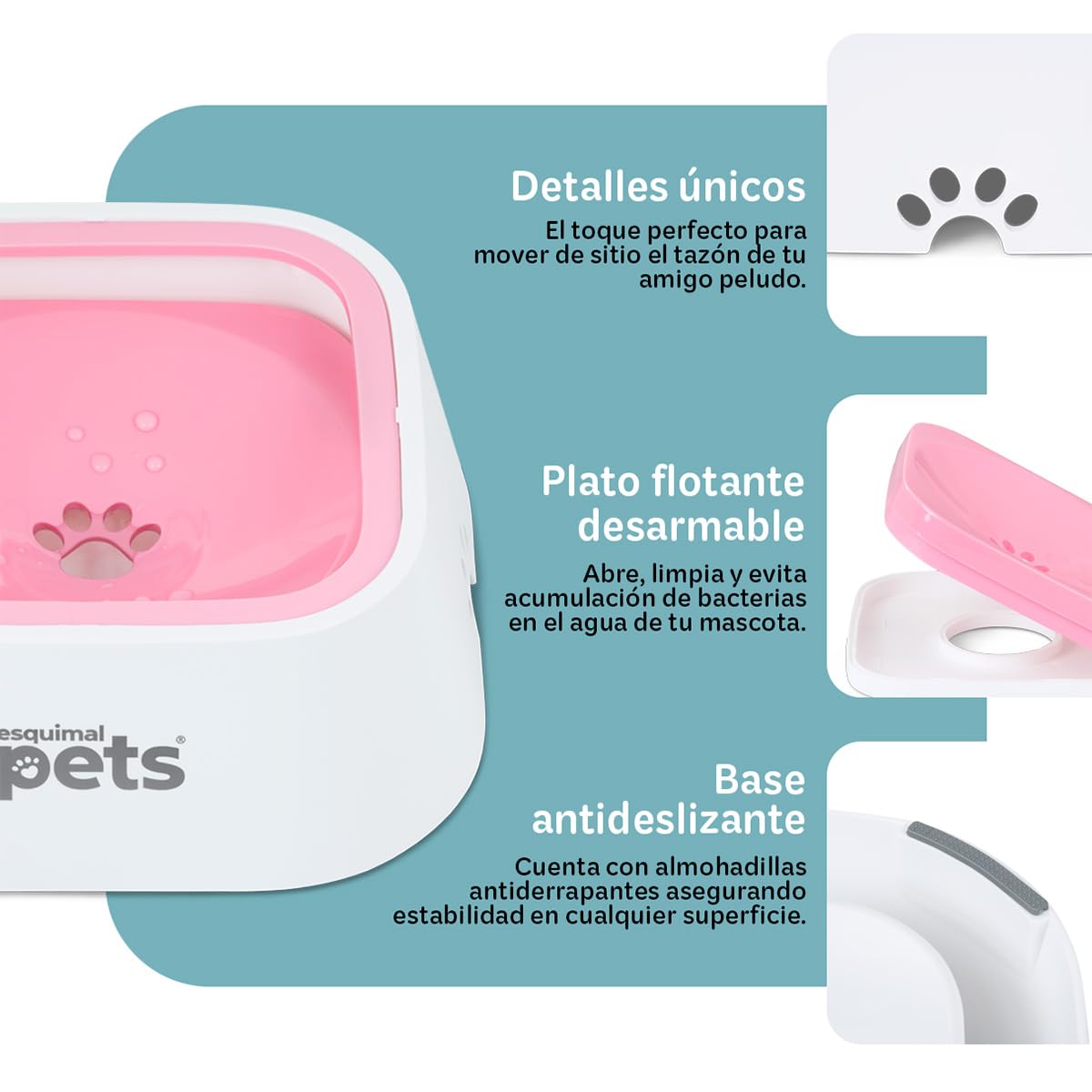 Plato Antisalpicaduras ESQUIMAL Rosa Blanco 1.5 LTS Dispensador de Agua para Perro