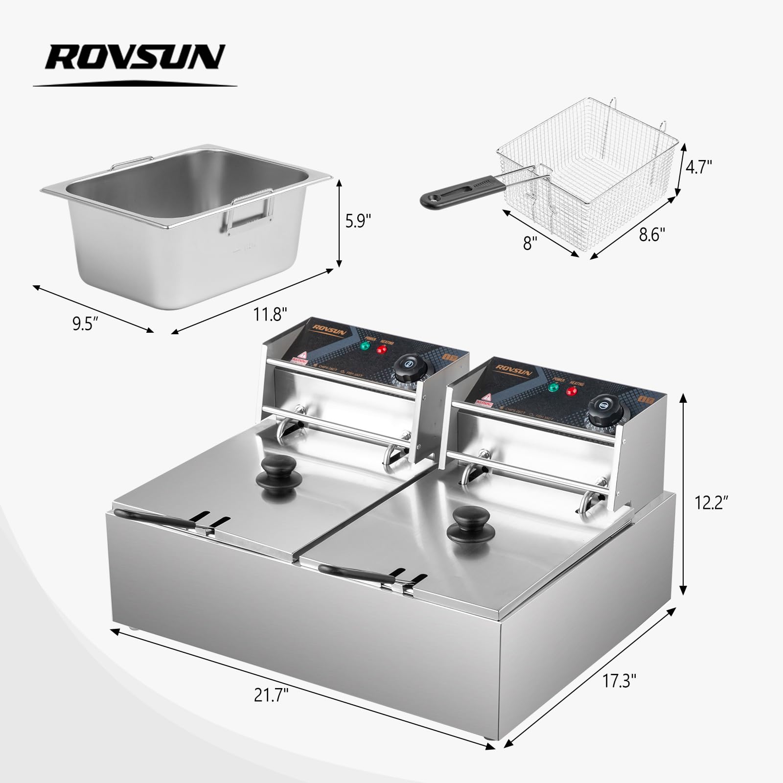 Freidora Eléctrica OLYM STORE Acero Inoxidable 12.7 Cuartos con 2 Cestas y Doble Temperatura Ajustable