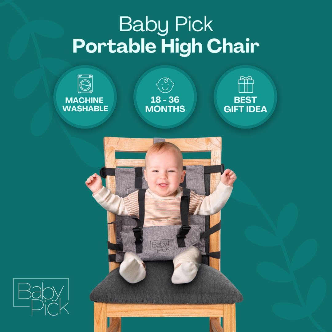 Silla alta portátil para viajes por Baby Pick – Asiento de arnés, equipo plegable y ligero, correas ajustables para bebés y niños pequeños, compacta y segura, lavable a máquina, imprescindible para