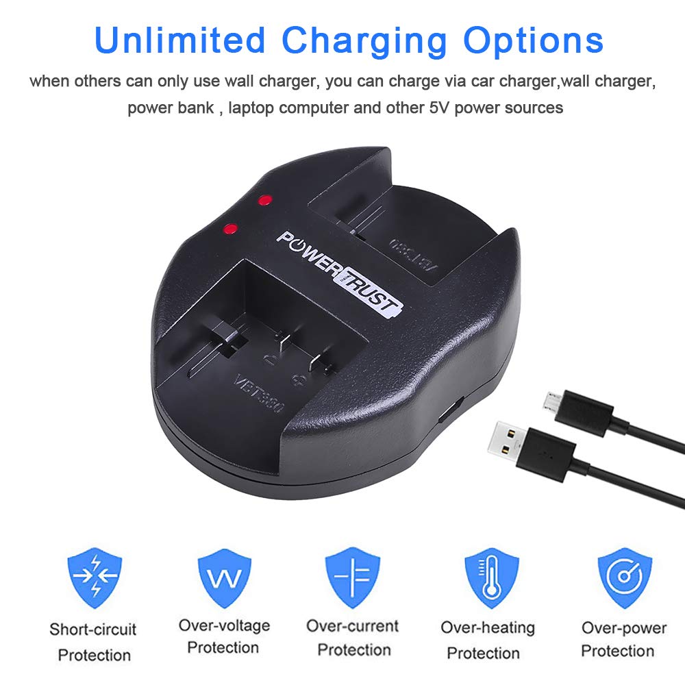 Batería y Cargador USB Dual PowerTrust VW-VBT380 para Panasonic